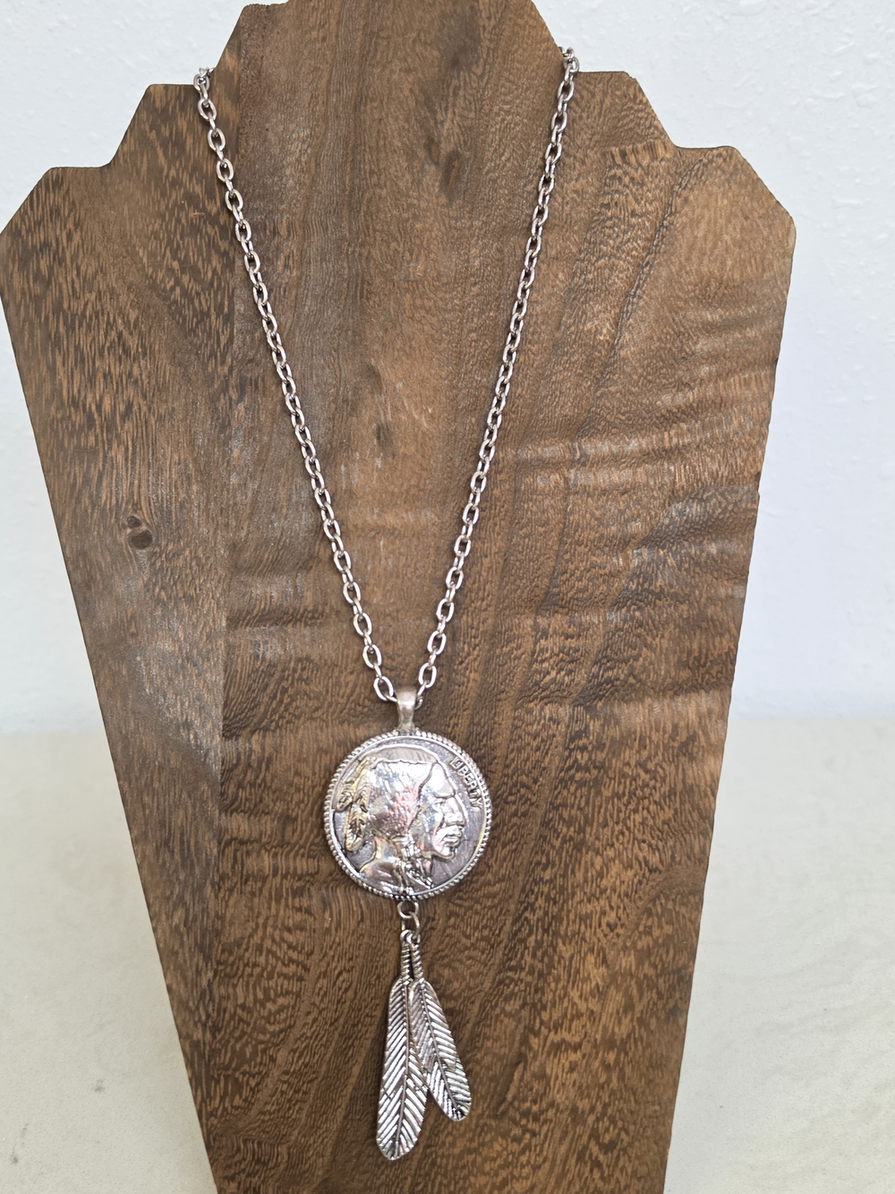Buffalo Nickel Reversible Feather Pendant Necklace Silver Tone Western Boho